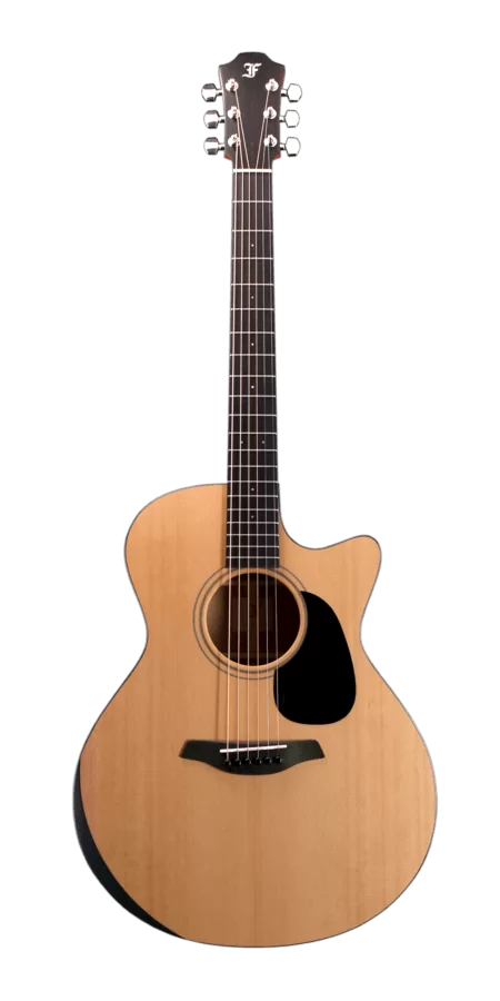 A close-up of a Furch Blue Deluxe GC-CM acoustic guitar, highlighting its solid Western Red Cedar top, African Mahogany back and sides, and intricate rosette inlay.
